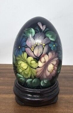 U.S.S.R Russian Solid Wood Hand Painted Lacquered Floral Egg With Stand Signed